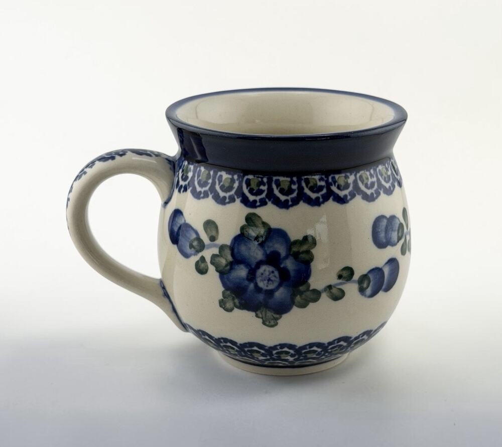 Boleslawiec Polish Pottery Bubble Coffee Mug "Blue Rose" Blue/Green 3.75 Inch